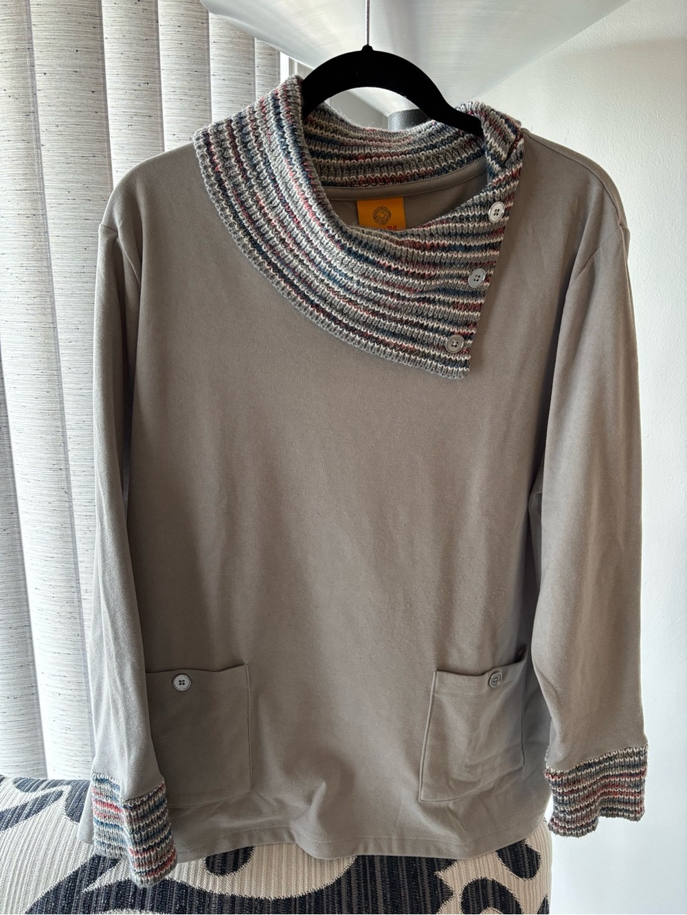 Ruby Rd. Gray Pullover with Multicolor Striped Button Cowl